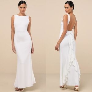 Lulus Exquisite Refinement Ivory Backless Bow Ruffled Maxi Dress Wedding Party